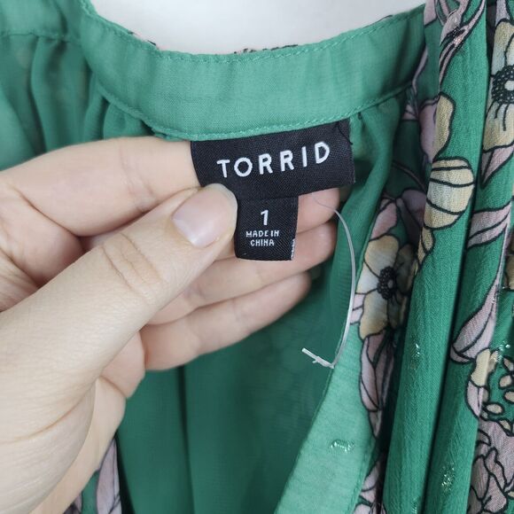 Torrid Cold Shoulder Halter Top Crinkle Chiffon Floral Green Sz 1X Lined Shimmer - Picture 8 of 11